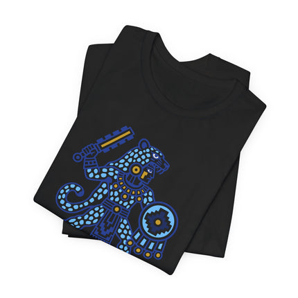Aztec Jaguar Warrior T-Shirt | Blue and Gold Mesoamerican Graphic Tee