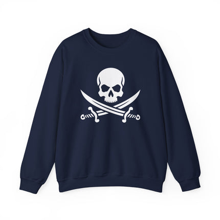 Pirate skull and crossed sabers graphic design on a sweatshirt.