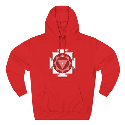 Red hoodie featuring a sacred geometry Yantra symbol for spiritual wear.