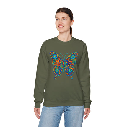 Huichol butterfly folk art sweatshirt featuring colorful Mexican indigenous design.