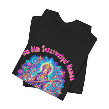 Saraswati Goddess mandala t-shirt featuring the Om Aim Saraswatyai Namah mantra.