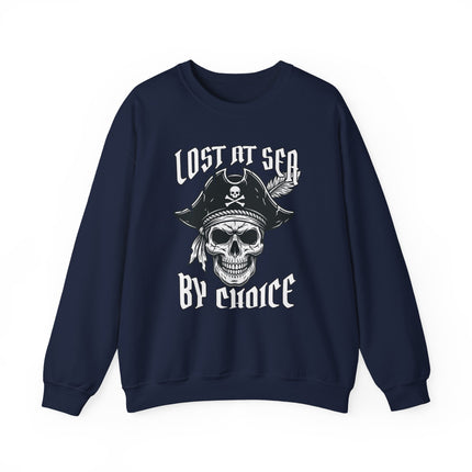 Lost At Sea By Choice pirate skull graphic on a navy pullover sweatshirt.