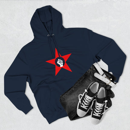 Red star and raised fist socialist symbol graphic on a navy protest hoodie.