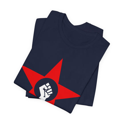 Red star and clenched fist graphic on a dark blue socialist activist t-shirt.