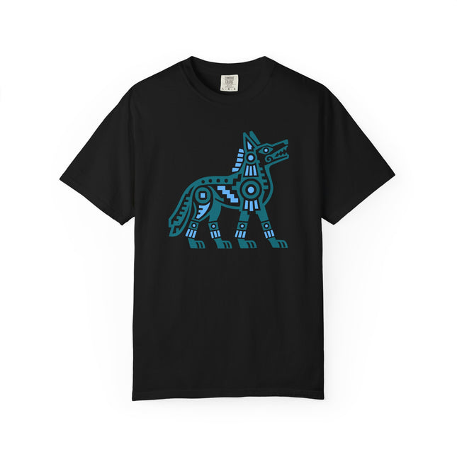 Aztec Coyote T-Shirt | Teal and Blue Geometric Animal Illustration Tee