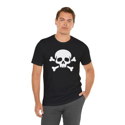 Black t-shirt featuring a bold white skull and crossbones graphic. Pirate gothic style unisex tee.
