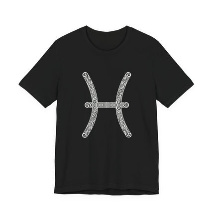 Ornate tribal Pisces zodiac symbol on a black t-shirt.