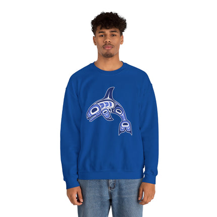 Blue sweatshirt featuring a tribal formline art orca whale design.
