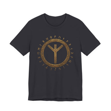 Algiz rune and Elder Futhark circle graphic on a black Norse mythology t-shirt.