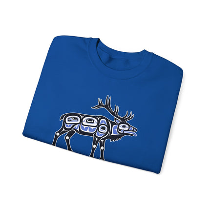 Native American elk spirit formline art sweatshirt featuring indigenous cultural patterns and designs.