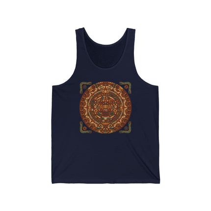 **Option 1 (Best Balance):**
Mayan Calendar graphic tank top featuring ancient Mesoamerican artwork design.

**(75 characters)**

***

**Option 2 (More Keyword Focused):**
Ancient Mayan calendar art print on a breathable graphic tank top shirt.

**(69 characters)**