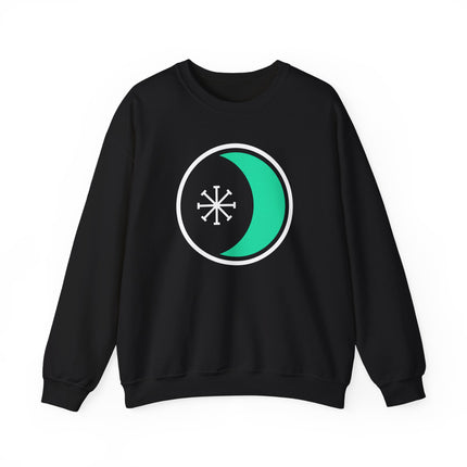 Crescent moon, Wheel of the Year, and seax design on a pagan witch sweatshirt pullover.