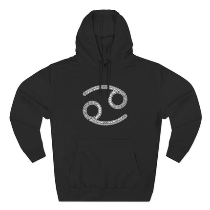 Black hoodie featuring an ornate Cancer zodiac sign for astrology enthusiasts.