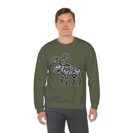 Stylized moose formline art graphic, Northwest Coast Indigenous design sweatshirt.