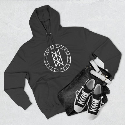 Norse Web of Wyrd rune circle graphic on a black unisex pullover hoodie.