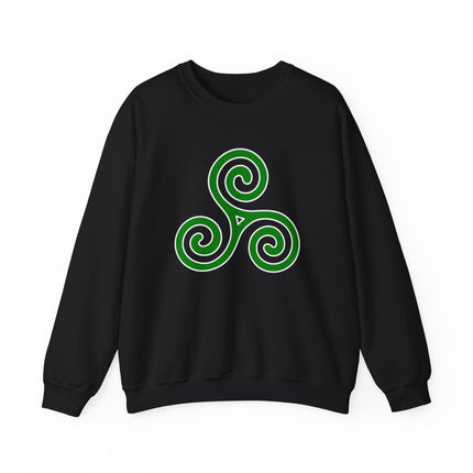 Green Celtic triskelion spiral knotwork design on a black sweatshirt.