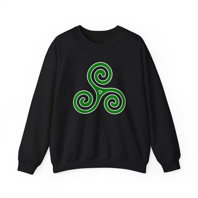 Green Celtic triskelion spiral knotwork design on a black sweatshirt.