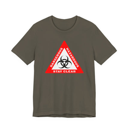 Dangerous biohazard warning graphic tee in red on a brown shirt. Stay clear.