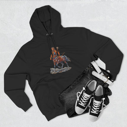 Fantasy centaur warrior illustration from Greek mythology on a black hoodie.