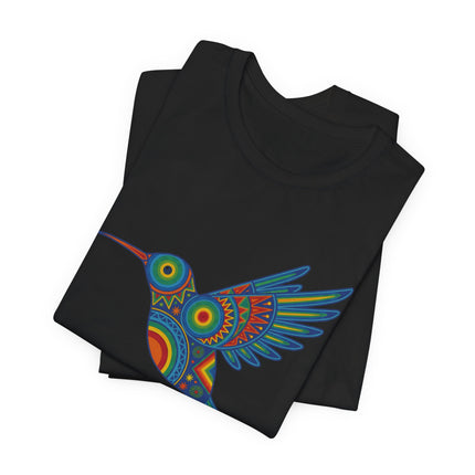 Colorful Huichol hummingbird graphic tee featuring vibrant Mexican folk art design.