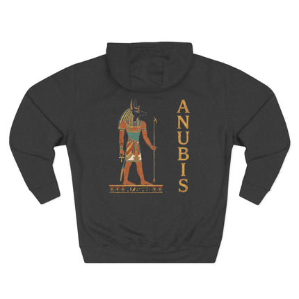 Anubis jackal god graphic print featuring Egyptian mythology art and hieroglyphic text.