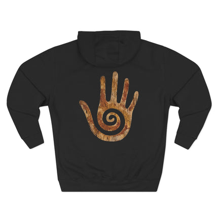 Hopi healing hand and spiral symbol on a black pullover hoodie.