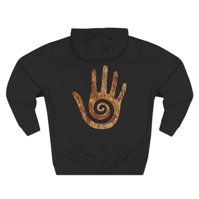 Hopi healing hand and spiral symbol on a black pullover hoodie.