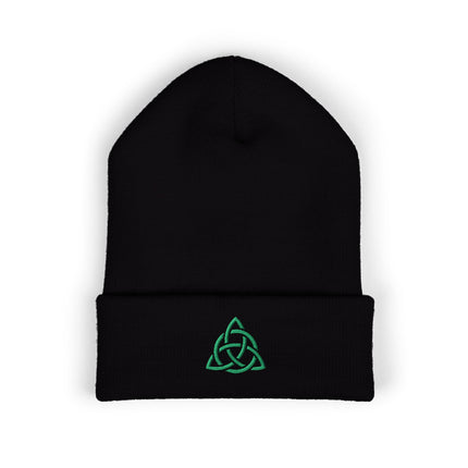 Triquetra Cuffed Beanie | Embroidered Green Celtic Knot and Circle