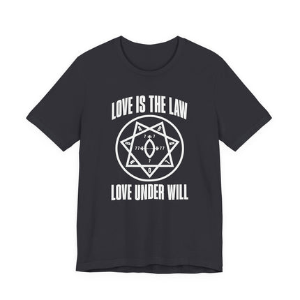 Love Is The Law t-shirt with occult heptagram symbol and Thelema text.