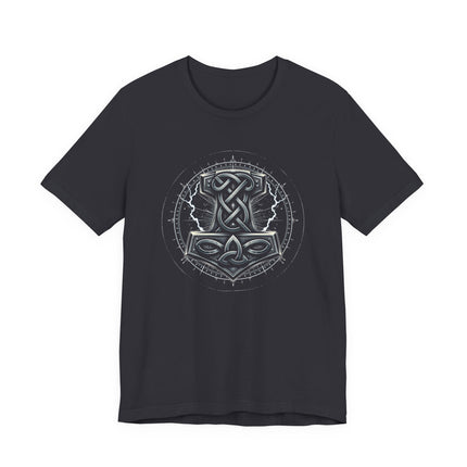 Viking knotwork t-shirt featuring a circular Norse mythology design and Mjolnir hammer art.