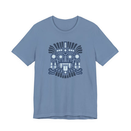 Aztec Tlaloc T-Shirt | Blue Rain God Face with Geometric Details Tee