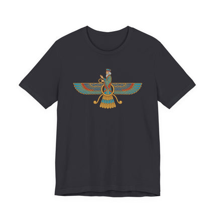 Faravahar winged symbol graphic tee featuring Zoroastrian Persian cultural art.