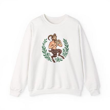 Pan Flute Mythology Sweatshirt featuring Io and Pan Greek gods graphic design.