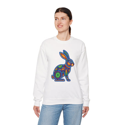 Colorful Huichol-style beaded rabbit graphic on a white sweatshirt. Mexican folk art pullover.