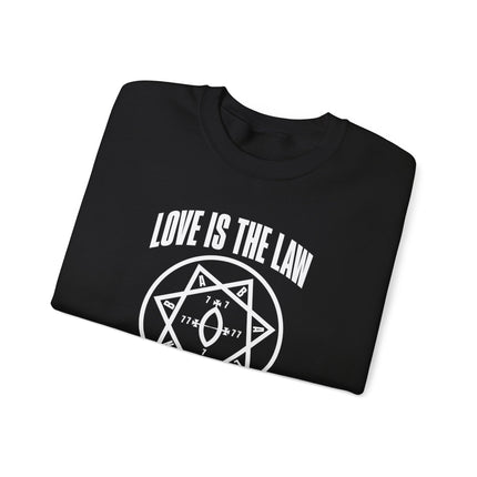 Thelema Love Is The Law pullover sweatshirt featuring Star of Babalon occult symbols.