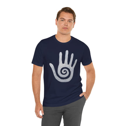 Navy t-shirt featuring a white Hopi healing hand symbol with a sacred spiral design.