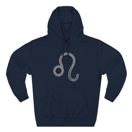 Detailed Leo zodiac symbol on a dark blue astrology pullover hoodie.