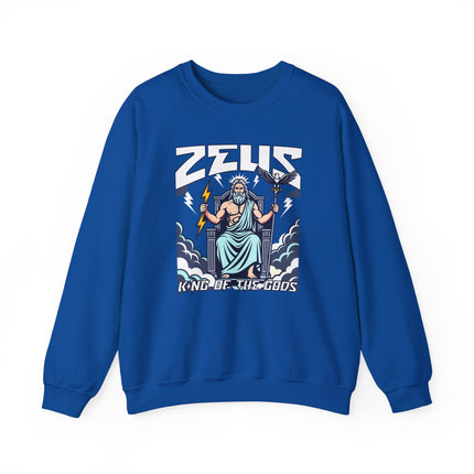 Zeus, King of the Gods, Greek mythology graphic with lightning bolts on a blue sweatshirt.