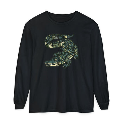 Mayan Crocodile Long Sleeve T-Shirt | Geometric Reptile Tee