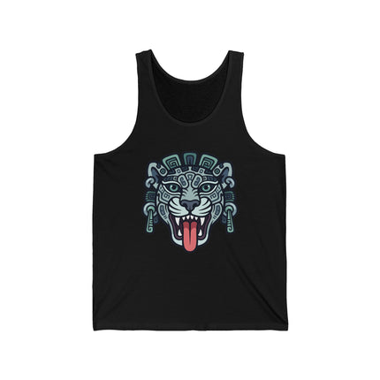 Mesoamerican Mayan jaguar head graphic on a black tank top, featuring tribal art.