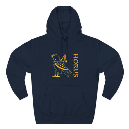 Horus Egyptian god graphic hoodie featuring a stylized falcon and the name "HORUS.