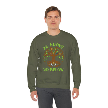 Tree of Life graphic with "As Above So Below" text on a nature-themed spiritual sweatshirt.