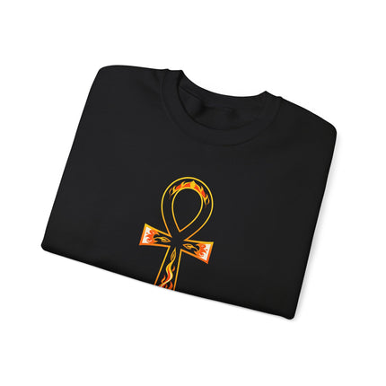 Flaming Ankh graphic on an ancient Egyptian symbol pullover sweatshirt.