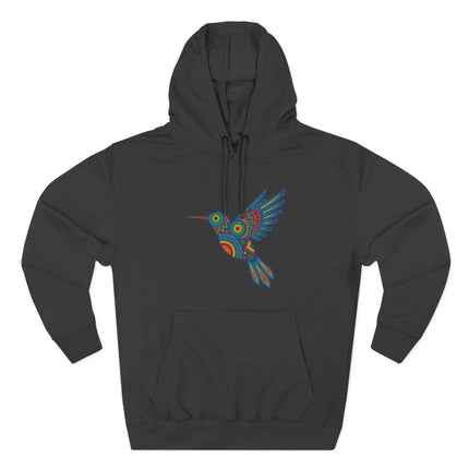 Indigenous art hummingbird hoodie featuring vibrant Huichol geometric design.