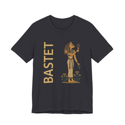 Bastet Egyptian goddess graphic tee featuring ankh and cat motifs.