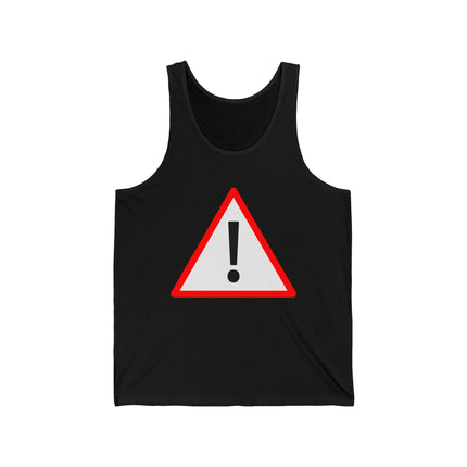 Black tank top featuring a red caution triangle and exclamation mark warning symbol graphic.