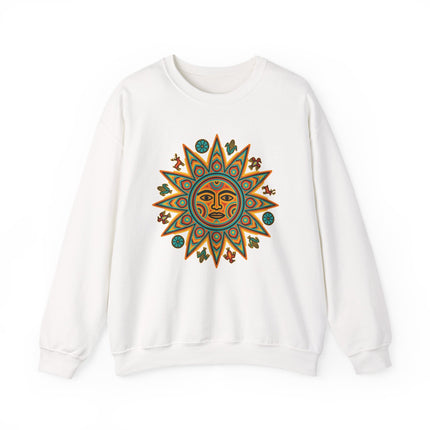 Colorful Huichol sun symbol graphic on a white pullover sweatshirt, featuring Mesoamerican indigenous art.