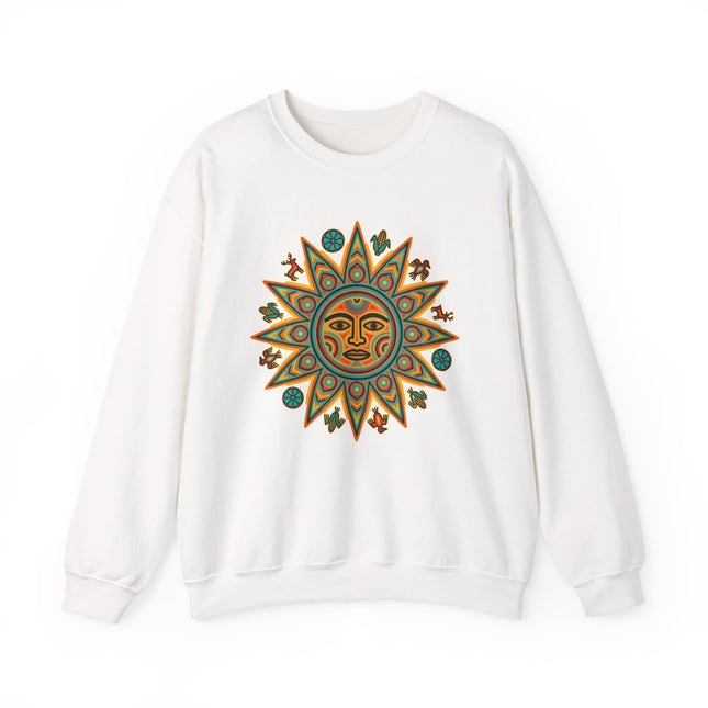 Colorful Huichol sun symbol graphic on a white pullover sweatshirt, featuring Mesoamerican indigenous art.