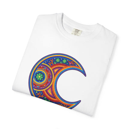 Huichol Inspired Crescent Moon Graphic T-Shirt | Colorful Mexican Art Tee