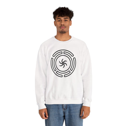 Hekate's Wheel symbol graphic on a white unisex sweatshirt for mythology lovers.